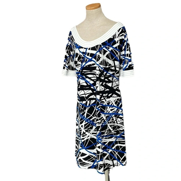 Anne Klein Dress Womens Large Blue Line Pattern Short Sleeve A-Line Midi - Picture 3 of 16